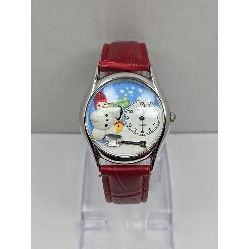 WYL Snowman Christmas Quartz Watch Red Leather Strap Novelty New Battery USA 3D
